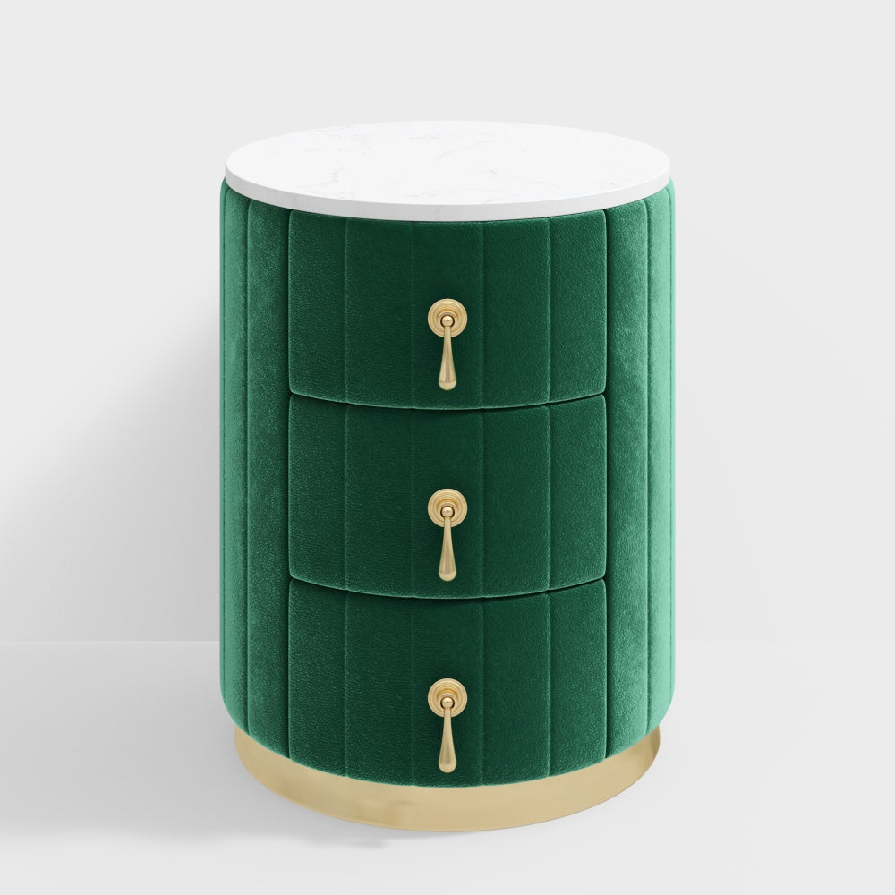 Lavish round green bed side table with golden drawer