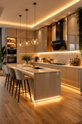 Warm Contemporary Kitchen with Illuminated Island
