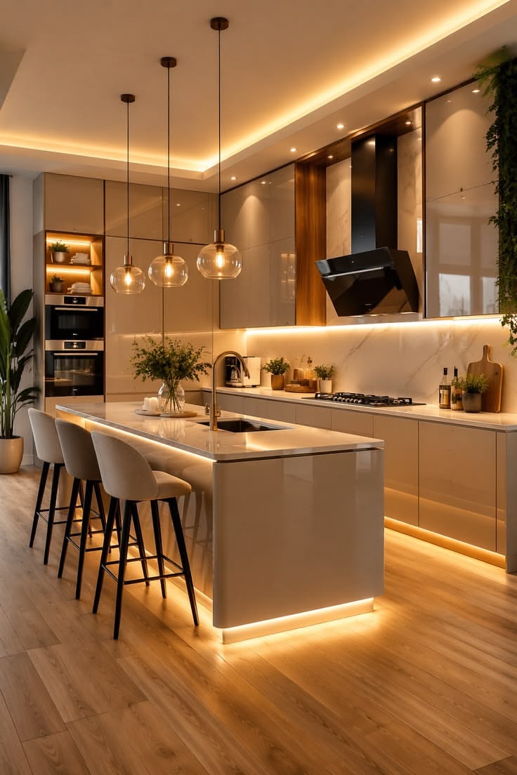 Warm Contemporary Kitchen with Illuminated Island