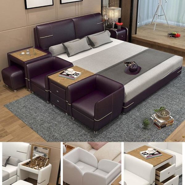 Comfortable Soft Bed With Dresser Stool Made Of Leatherette