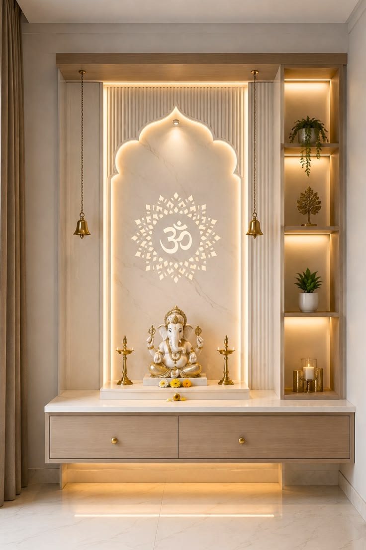 Designer Pooja Unit with Marble Finish and Display Niches