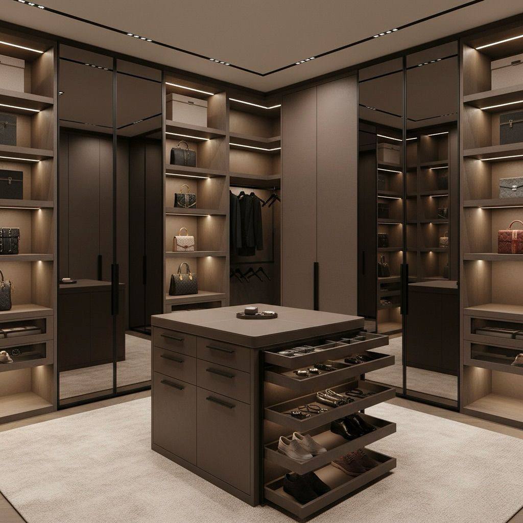 Cozy brown walk in wardrobe