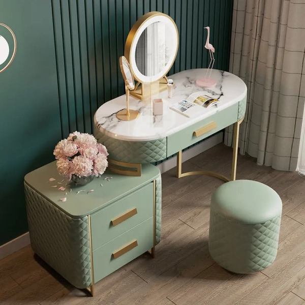 Decor Green Makeup Vanity Set Expandable Dressing Table With Cabinet And Stool