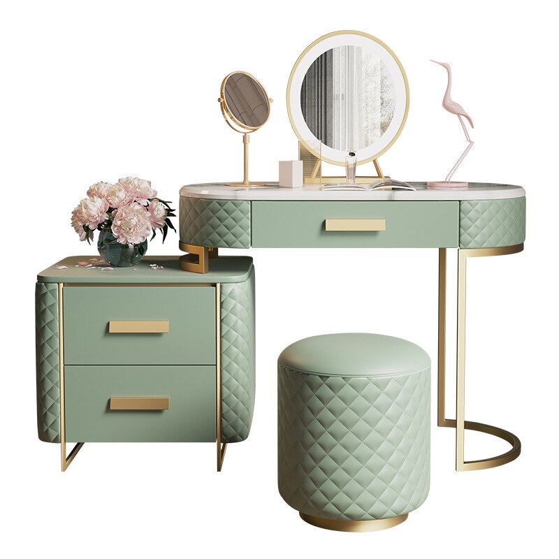 Decor Green Makeup Vanity Set Expandable Dressing Table with Cabinet and Stool