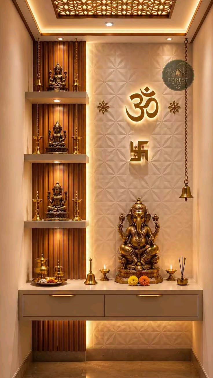 Luxury Contemporary Pooja Unit with LED Lighting