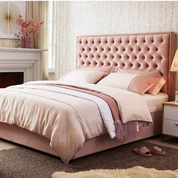 Pinkish Rich Suede Tufting Bed