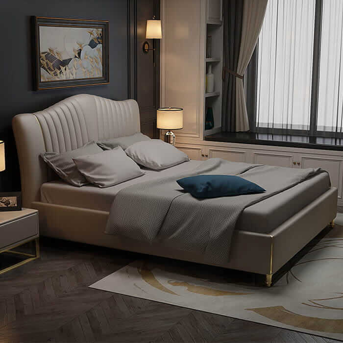 Smokey grey upholstered bed with storage