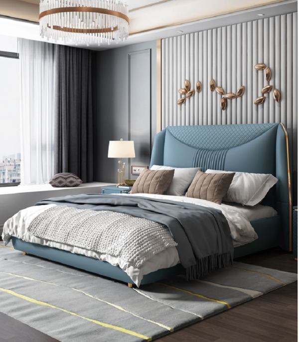 Blue Colored Modern Headboard Tufted Leatherette Bed For Bedroom