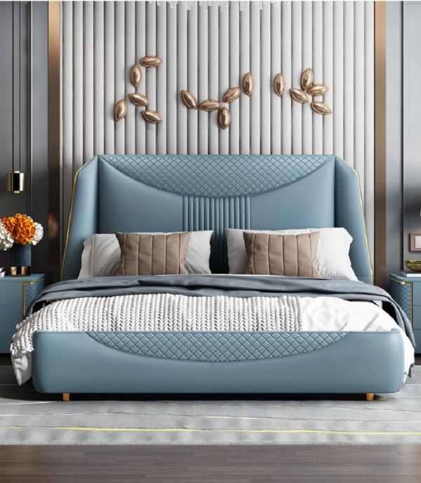 Blue Colored Modern Headboard Tufted Leatherette Bed For Bedroom