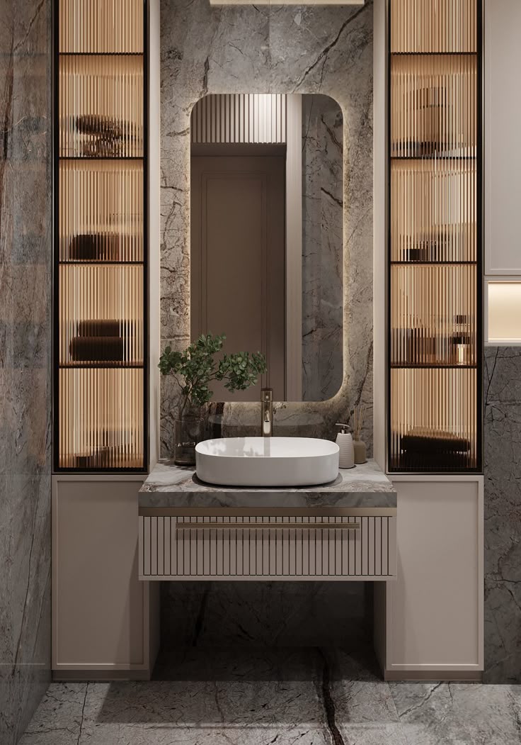 Contemporary Bathroom Vanity with Fluted Glass Display Cabinets