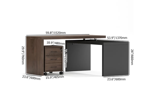 Delmon Movable File Cabinet White & Natural L-Shaped Rotating Desk