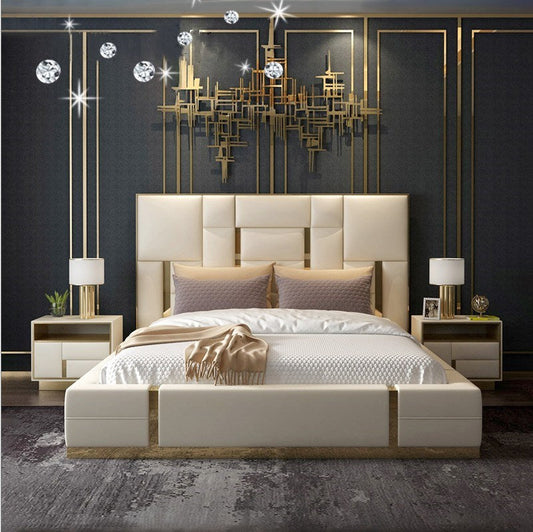 Romania White And Gold Plated Designed Light Luxury Bed