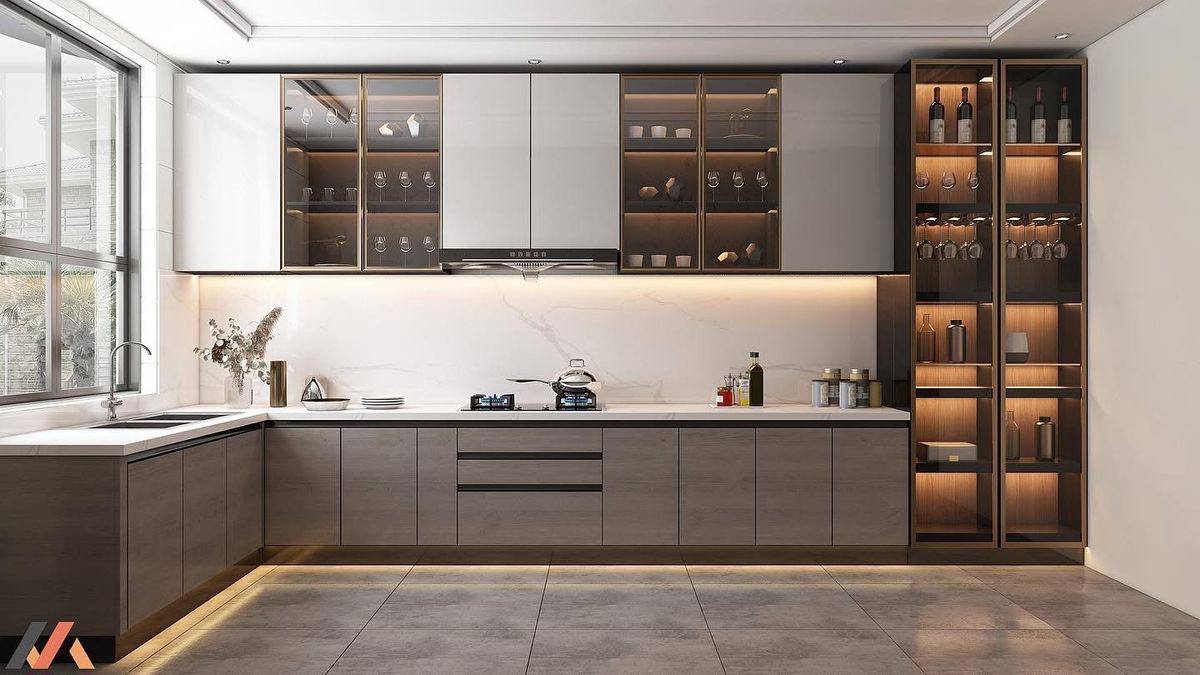 Modern L-Shaped Kitchen with Wood and Glass Cabinetry