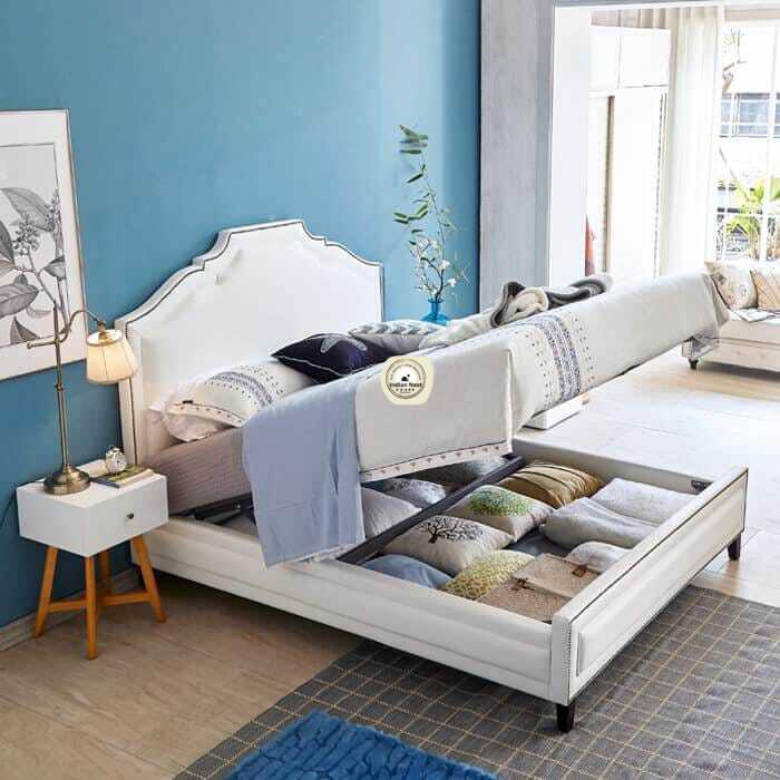 Sky white upholstered bed with storage