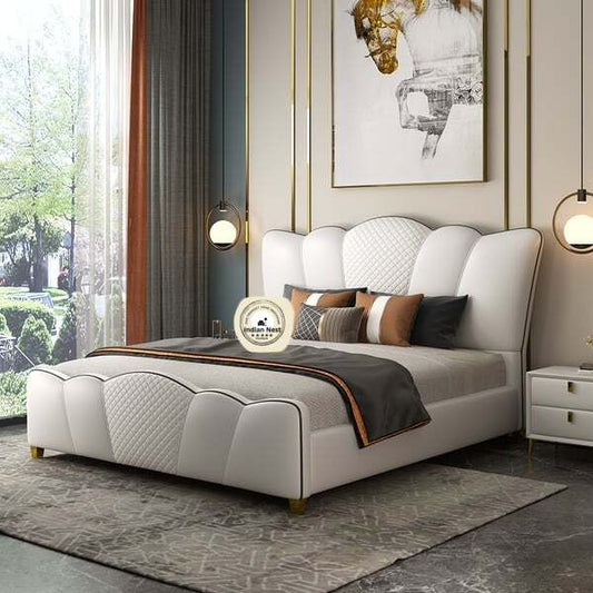 Milky White Leatherette  Bed With Curved Headboard