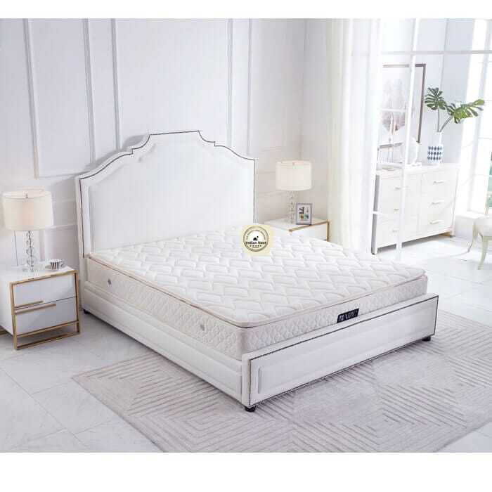 Sky white upholstered bed with storage