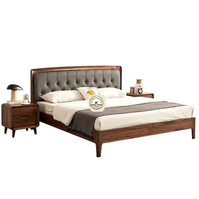 Haki Upholstery Bed With Natural Walnut Polish