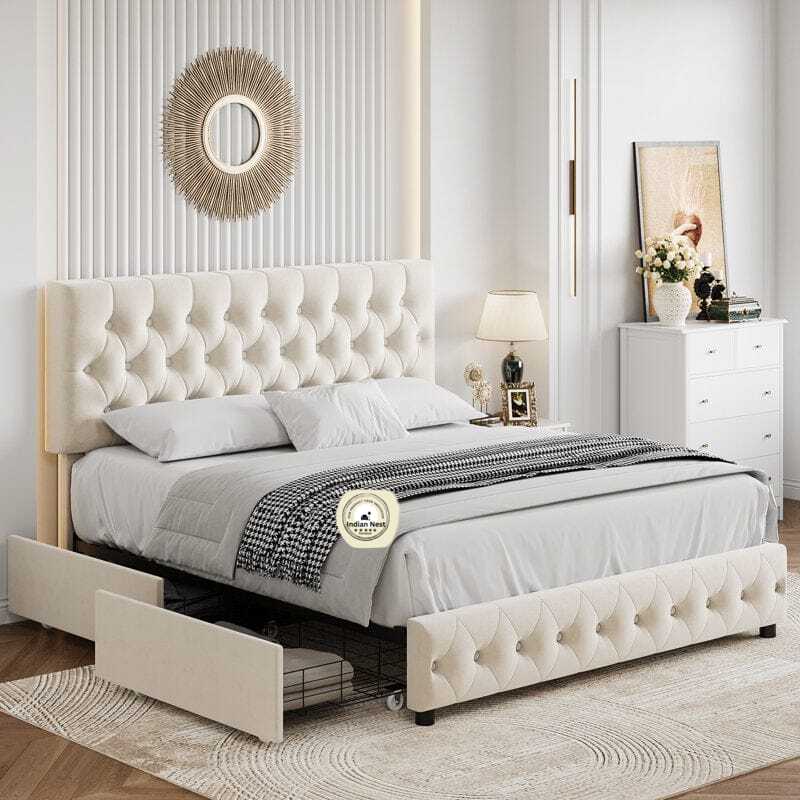 Deblin Beige  Upholstered Bed With Side Storage