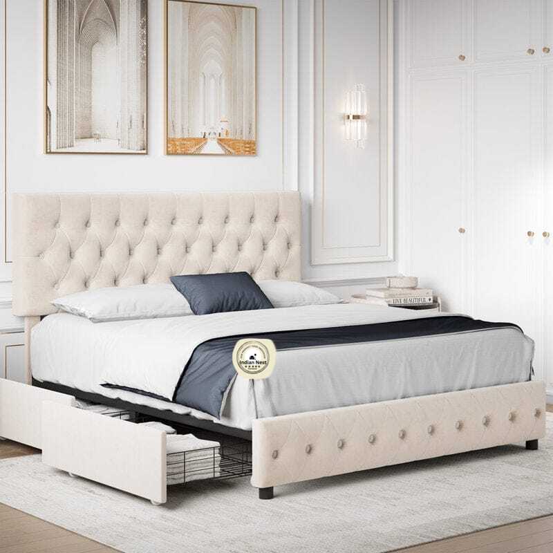 Deblin Beige  Upholstered Bed With Side Storage