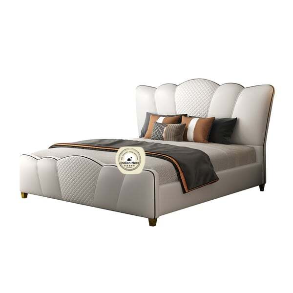 Milky White Leatherette  Bed With Curved Headboard