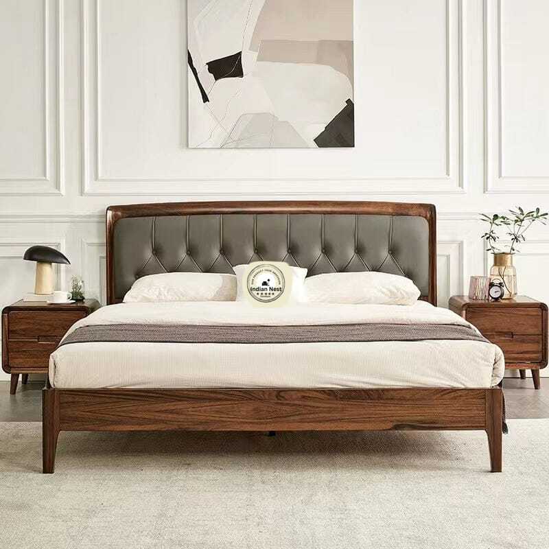 Haki Upholstery Bed With Natural Walnut Polish