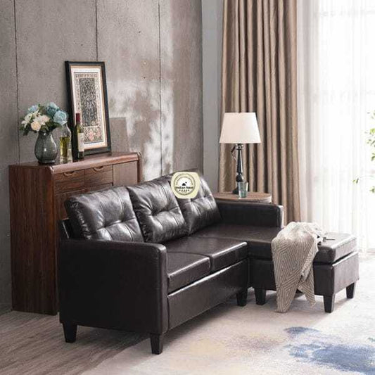 Coffee Convertible Sectional Leather Sofa With Ottoman