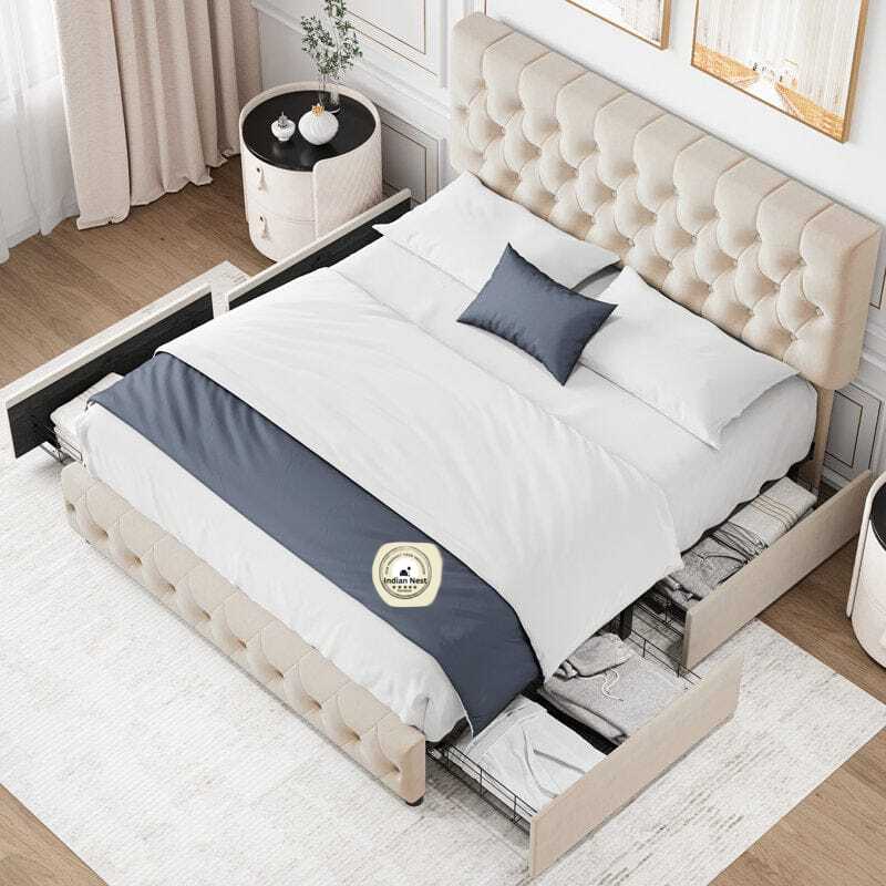 Deblin Beige  Upholstered Bed With Side Storage