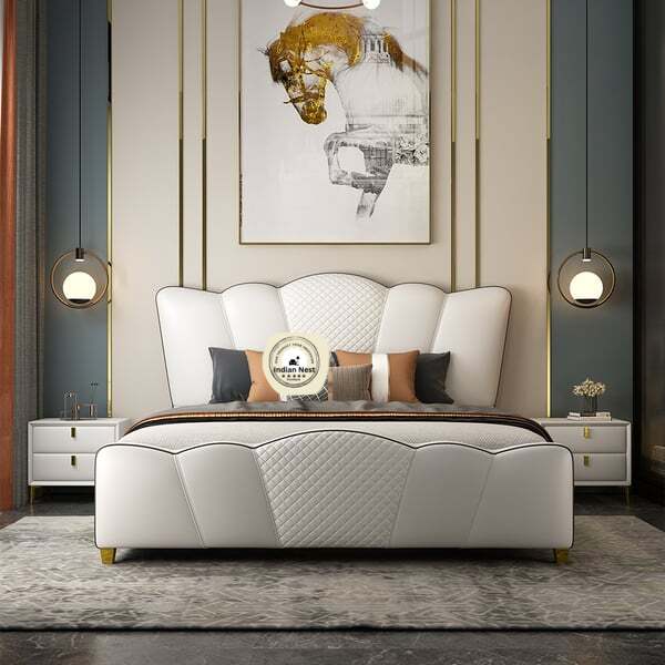 Milky White Leatherette  Bed With Curved Headboard