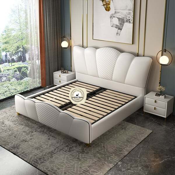 Milky White Leatherette  Bed With Curved Headboard