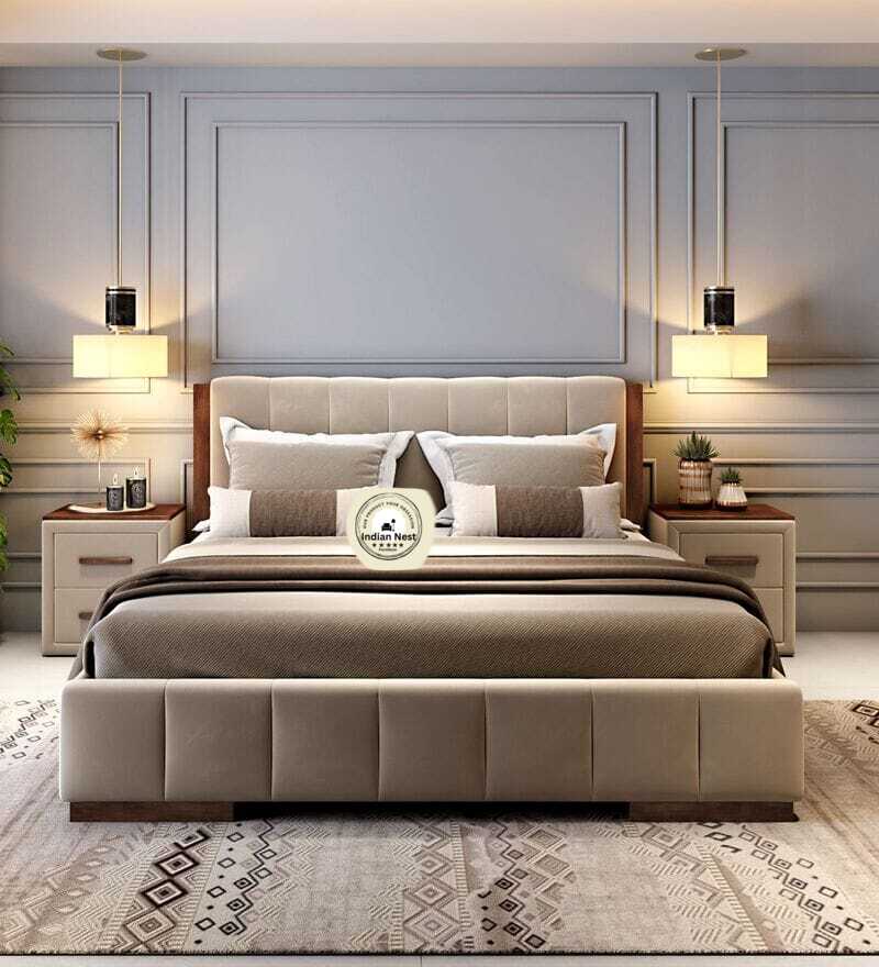Jacklin Suede Fabric King Size Bed In Cream Colour