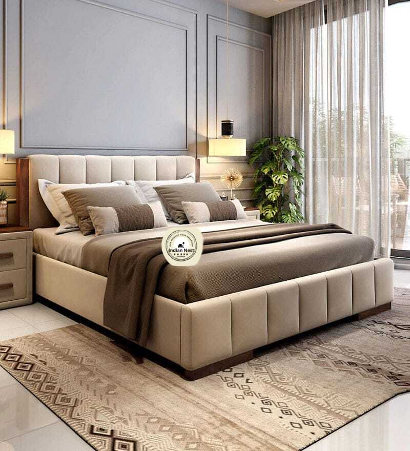 Jacklin Suede Fabric King Size Bed In Cream Colour