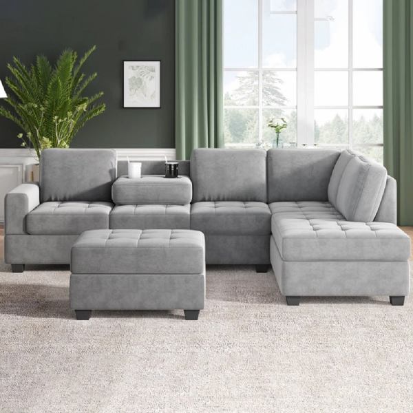 Sectional L-Sofa With Storage Ottoman and Cup Holders