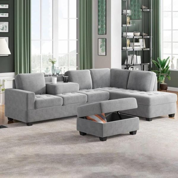 Sectional L-Sofa With Storage Ottoman And Cup Holders