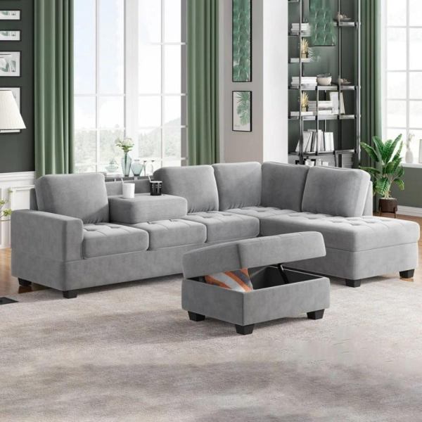 Sectional L-Sofa With Storage Ottoman and Cup Holders