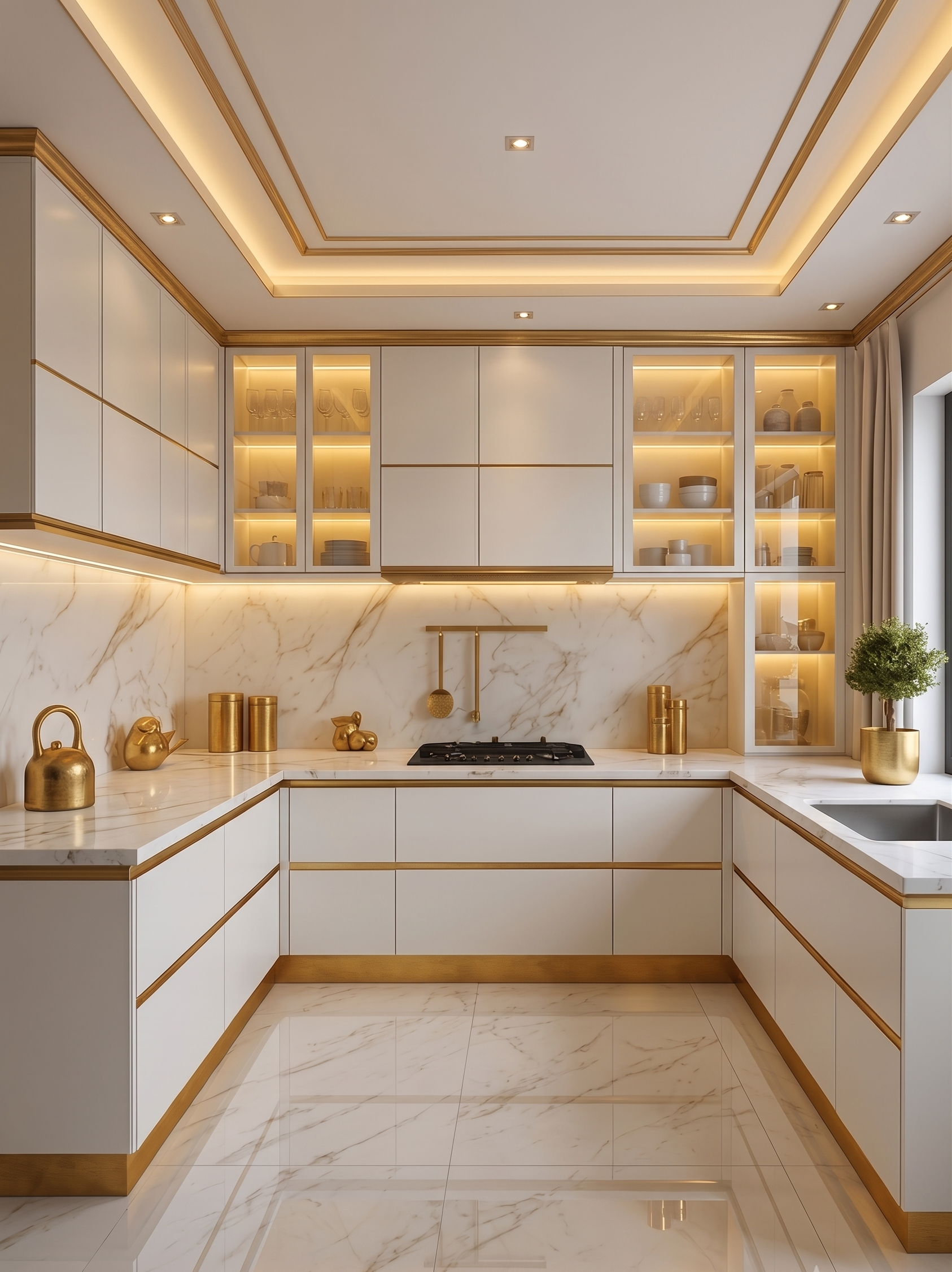 Elegant White and Gold U-Shaped Kitchen