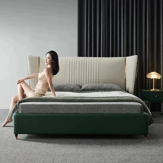 Madrid Style Upholstered Luxury Bed With Storage In Green Leatherette